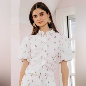 Love The Label Reshma Top Floral Puff Sleeve Blouse White Medium Embroidery NWT